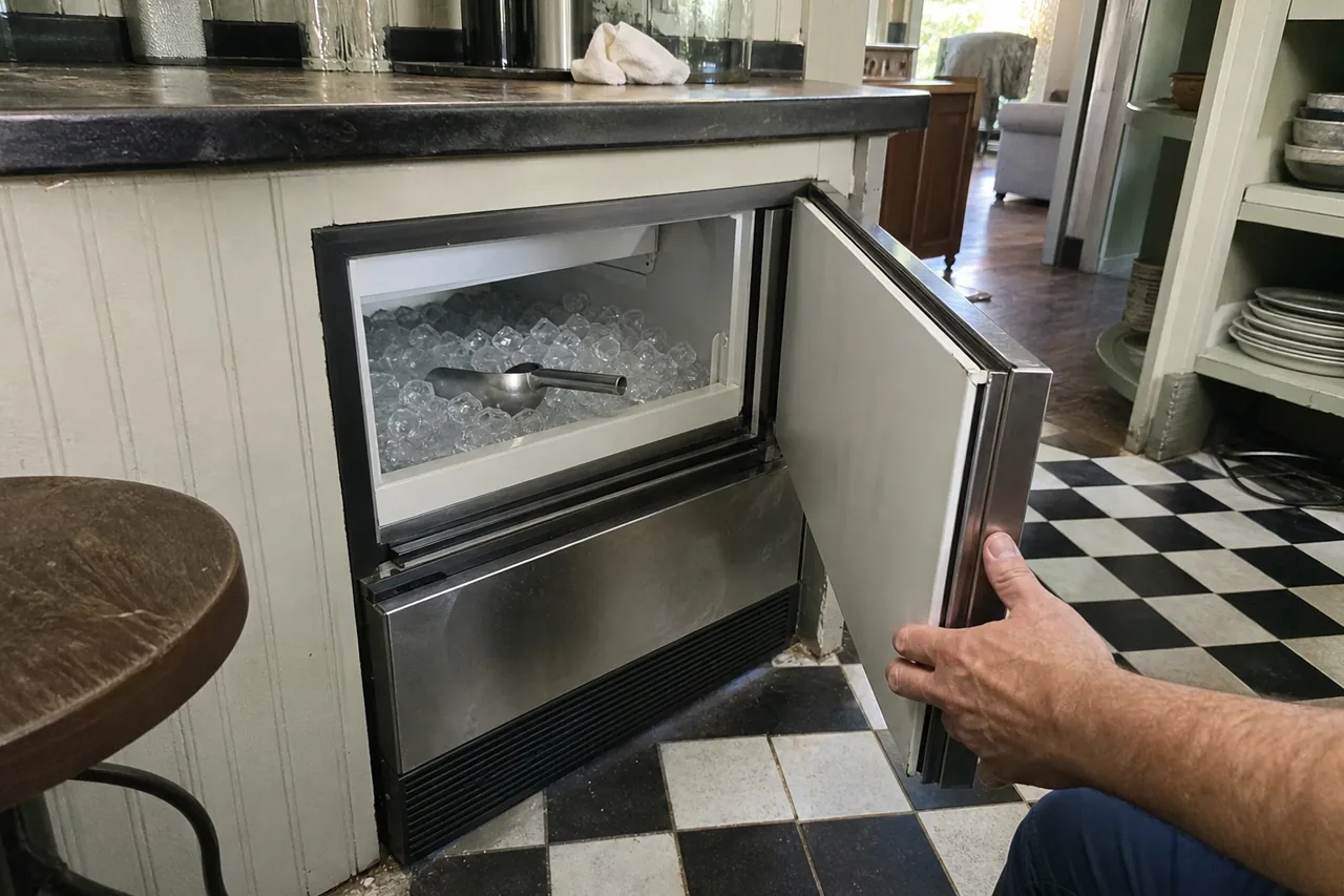 A hand holds open the door of an undercounter ice machine set into a beadboard island, its bin heaped with clear cubes and a scoop, above a checkered tile floor