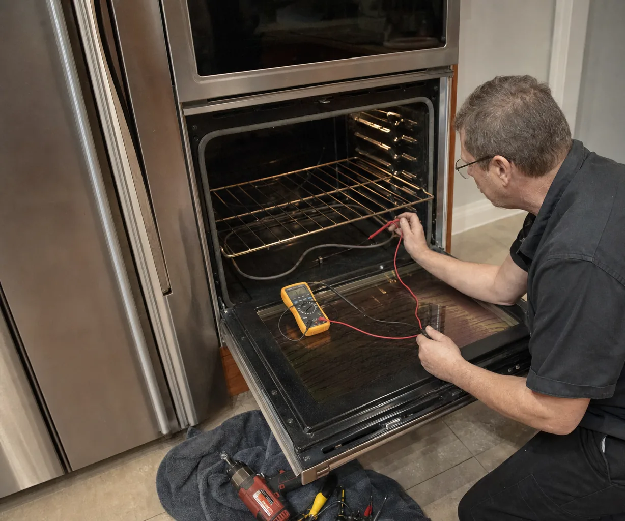 Technician kneeling at the lower cavity of a stainless double wall oven, multimeter probes on a wire behind the rack, the yellow meter resting on the open door glass and a drill on a towel below